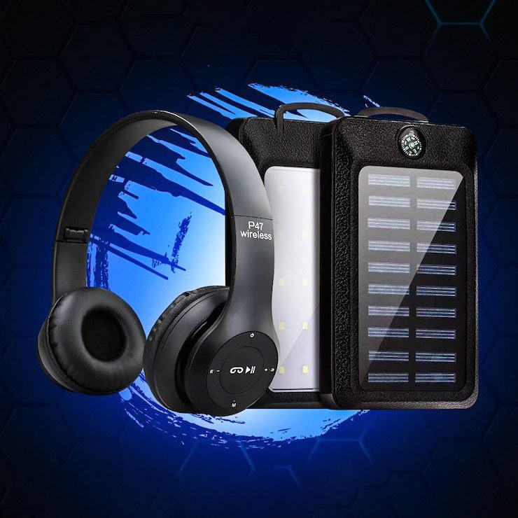 Беспроводные Bluetooth наушники P47 + Повербанк 50000 с LED фонарем на солнечной батарее