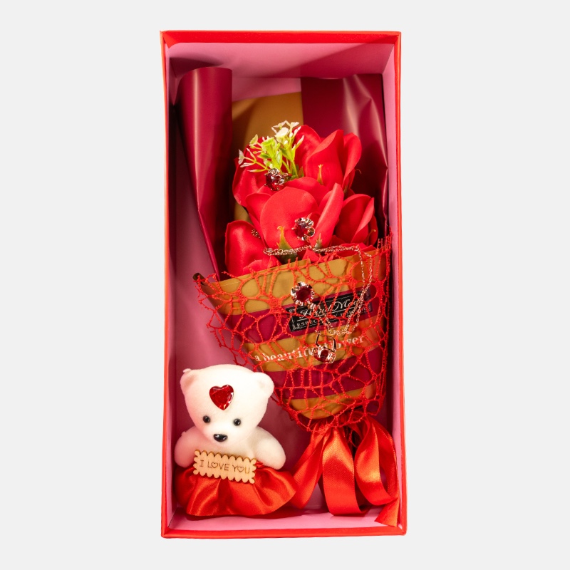 Подарочный набор ароматного мыла в виде роз с Мишкой + Булатный набор с фианитами 4 в 1