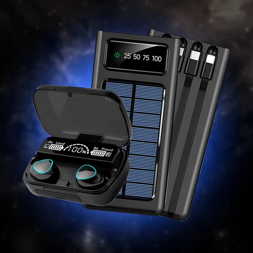 Беспроводные наушники M10 + Повербанк с LED фонарем на солнечной батарее