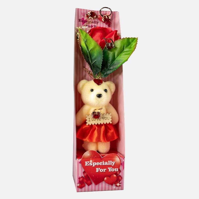 Подарочный набор ароматного мыла в виде розы с Мишкой + Булатный набор с фианитами 4 в 1